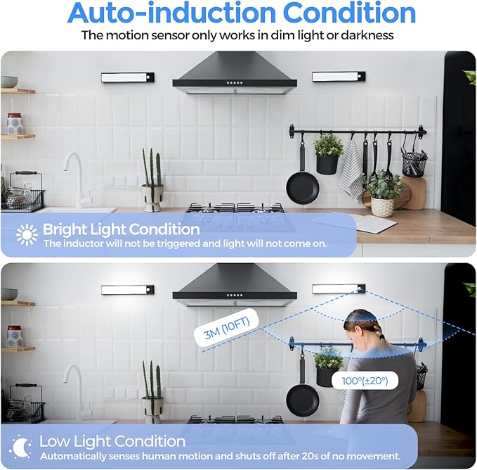 3 Pack Under Cabinet Lights, 32 LED Cold White Rechargeable Under Cabinet Lighting Motion Sensor LED Lights for Kitchen, Counter, Closet, Stairs (Black - Cold White Light, 8.07 Inch - 3 Pack)