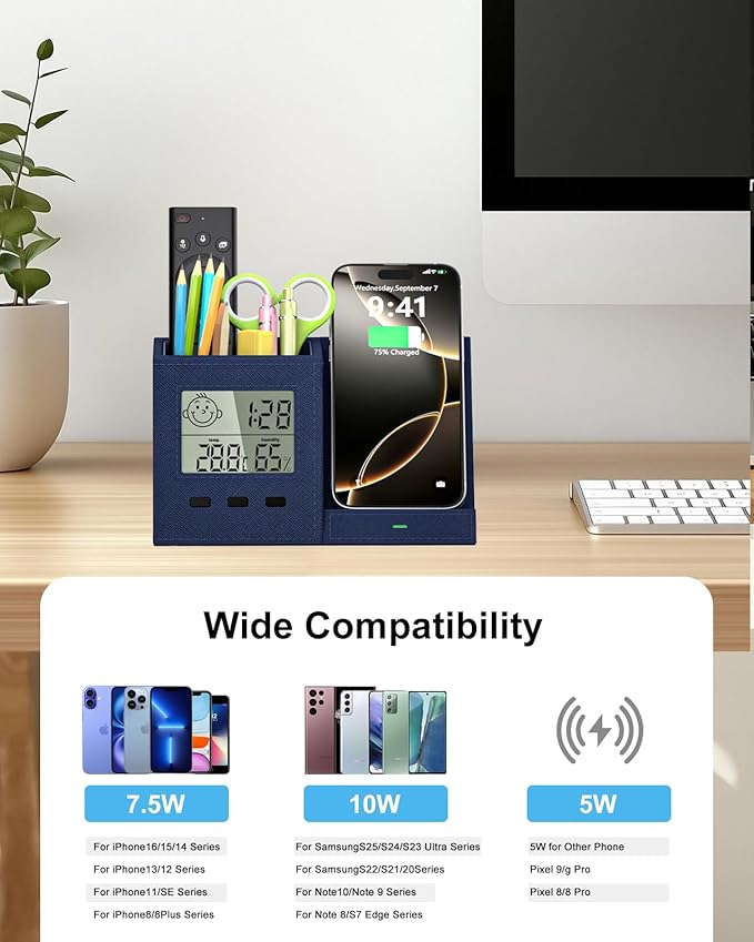 Multifunctional Pen Holder and Organizer for Desk with Wireless Charger, Digital Indoor Thermometer and Humidity Gauge, Home Office Organizers and Storage (Battery Included)