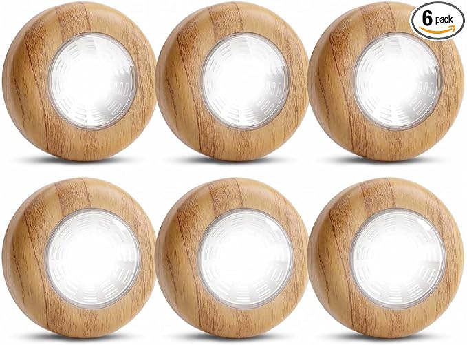 Wood Grain LED Puck Light, 6 Pack Wireless Tap Light Battery Operated, 6000K Daylight White Push Light for Under Cabinet, Closet, Wardrobe, Shelf