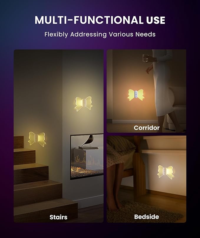 LOFTEK Motion Sensor Wall Light, Rechargeable Color-Changing Sconce with Butterfly Wing Design, Dimmable Brightness, 1800mAh Battery, Perfect for Hallway, Stairs, Bedroom, Bathroom [2 Pack]