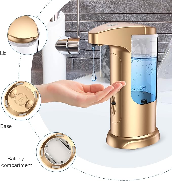 370ml Touch-Free Battery Operated Electric Automatic Liquid Soap Dispenser - Adjustable Soap Dispensing Volume - Premium Soap Dispenser for Kitchen Bathroom Toilet (Golden)