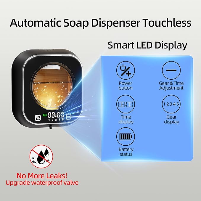 Automatic Foaming Soap Dispenser, Wall Mounted Soap Dispenser, 320ML Electric Smart Touchless Rechargeable, 5 Adjustable Foam Levels, No-Drill Waterproof for Bathroom, Kitchen, Office (Black)