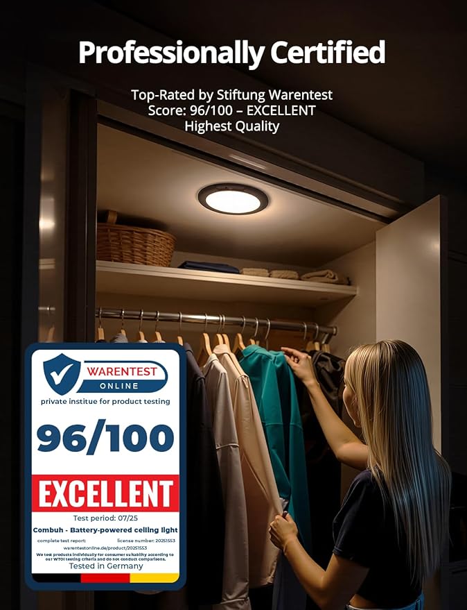 Combuh Black Operated Battery Powered Motion Sensor Ceiling Lights Wireless, Rechargeable 85 Day Battery Life Waterproof Inside Shower Lighting with Remote Magnetic Without Wiring for Garage Closet