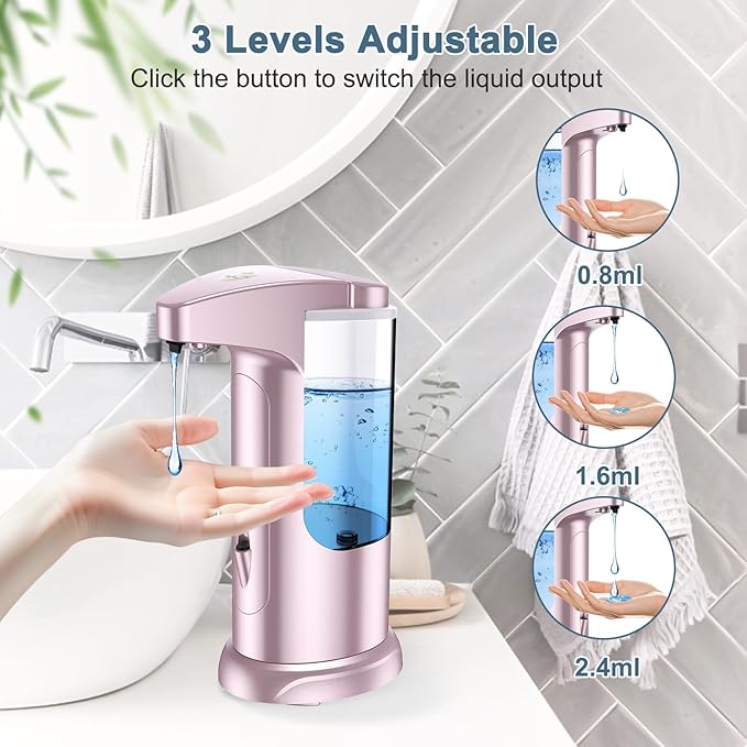 12.5 oz Automatic Liquid Soap Dispenser, Touch-Free Battery Operated Adjustable Soap Dispensing, Volume Premium for Kitchen Bathroom Toilet (Pink)