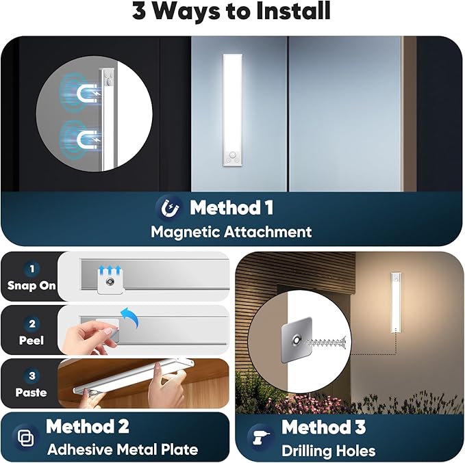 Motion Sensor Under Cabinet Lights, 2500mAh 12inch Battery Operated Wireless Under Counter Lights Indoor, Magnetic 108-LED Dimmable Closet Lights for Kitchen with 3 Color Temperature, 3 Packs