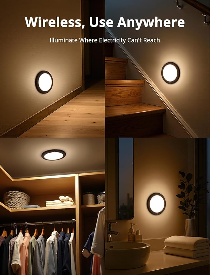 Combuh Black Operated Battery Powered Motion Sensor Ceiling Lights Wireless, Rechargeable 85 Day Battery Life Waterproof Inside Shower Lighting with Remote Magnetic Without Wiring for Garage Closet