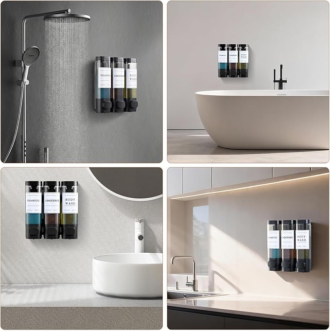Shampoo and Conditioner Dispenser,Shower Soap Dispenser 3 Chamber No Drill Wall-Mounted Shampoo Dispenser for Shower Wall Mounted Shower Dispenser for Bathroom Hotel Large Capacity,Black