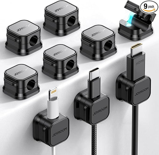 9 Pack Magnetic Cable Clips [Cable Smooth Adjustable] Cord Holder, Under Desk Cable Management, JOYROOM Adhesive Wire Holder Keeper Organizer for Home Office Desk Phone Car Wall Desktop Nightstand