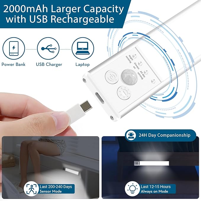 Under Cabinet Lighting Wireless, 60-LED Dimmable Motion Sensor Light Indoor, 12 inch 2000mAh Rechargeable Cabinet Lights, 3 Color Under Counter Lights for Kitchen (2 Packs)
