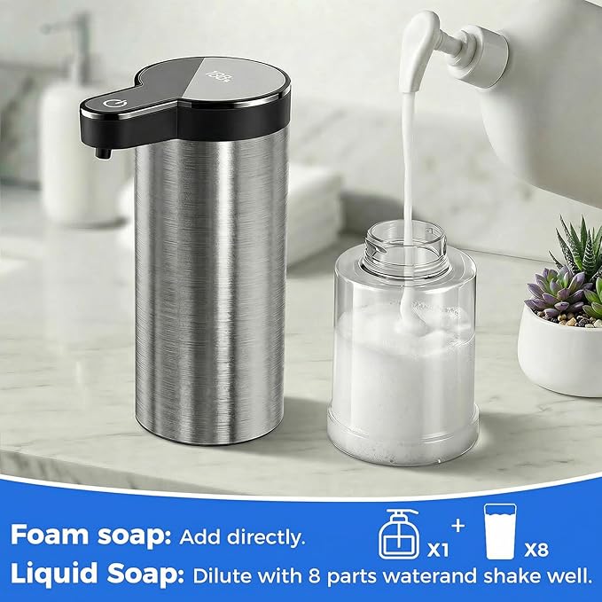 Automatic Foaming Soap Dispenser Touchless, Stainless Steel Hand Soap Dispenser, USB Rechargeable, 4 Adjustable Levels, 11.8oz/350ml for Kitchen and Bathroom (Stainless Steel Black, Foam)