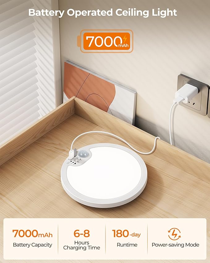 BLNAN Rechargeable Motion Sensor Ceiling Light with Remote, Battery Operated Ceiling Light, 3 Color Temperatures LED Shower Lights for Pantry, Stairs, Garage, Hallway, 2 Pack