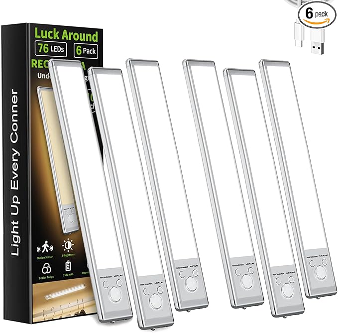 LUCK AROUND 6 Pack Under Cabinet Lighting, Motion Sensor Light, 10-Inch Rechargeable LED, Battery Powered White