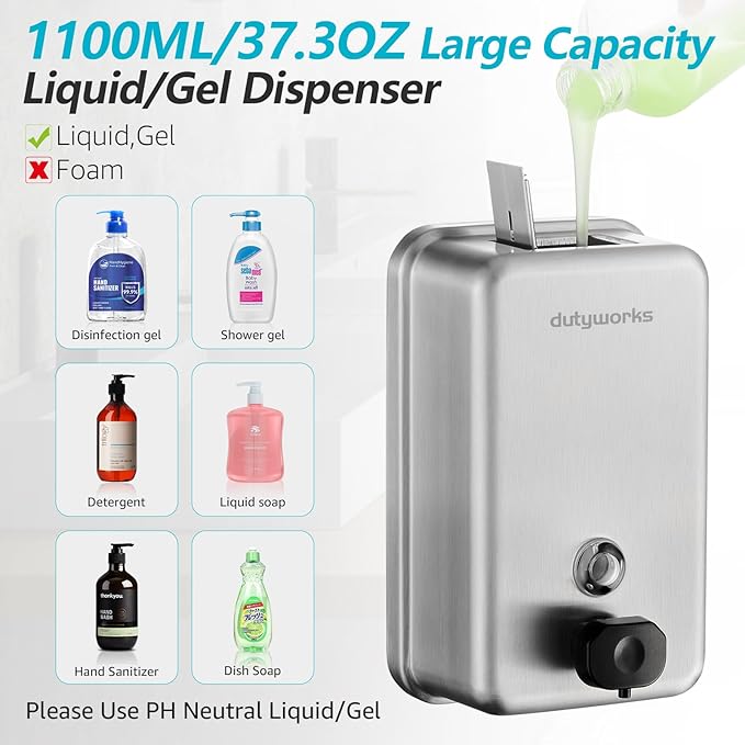 Commercial Wall Mounted Soap Dispenser, 1100ML - Stainless Steel, Easy Wall Mount Installation, Anti-Leak Pump, Corrosion Resistant, Ideal for Commercial, Household, Office Use(37.19 fl.oz.)