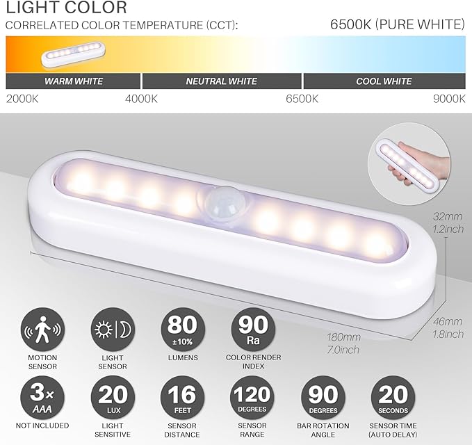 STAR-SPANGLED 3 Pack 7” Motion Sensor Lights Indoor Battery Operated, Stick on LED Light for Closet, Stairs, Under Cabinet, Warm White