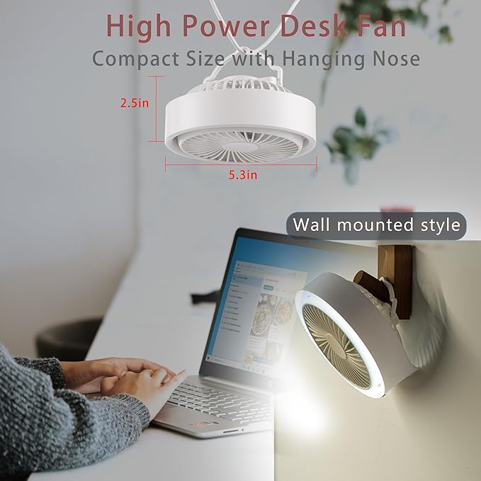 Digibond Small Desk Fan, Ultra Quite USB Fan Portable 3000mAh Rechargeable Battery Operate, High Power 3 Speed 5.3in With Ambient Light/Hook 180°Rotated Easy Clean (White)