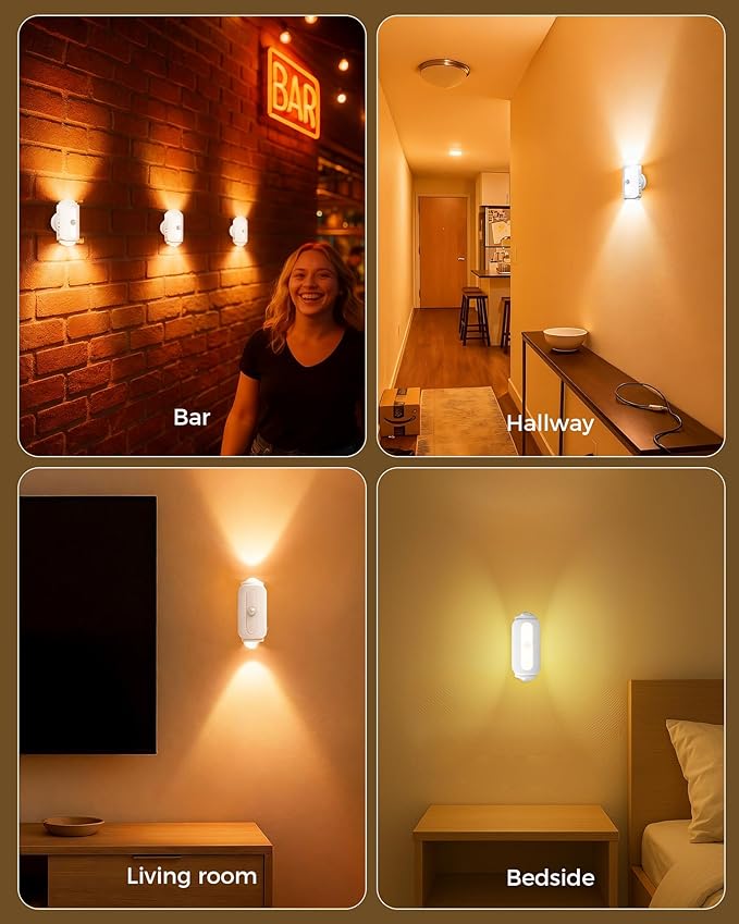 Motion Sensor Wall Light, Rechargeable Wireless Sconce Set of 2, Wireless No Hardwire 3CCT Wall Lamps, Magnetic Battery Operated Indoor Lighting for Hallway, Stairs, Bedroom, Bathroom, Closet Decor
