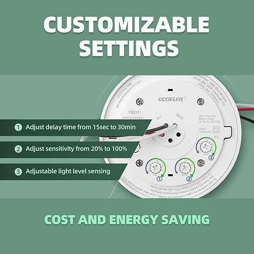 ECOELER PIR Ceiling Sensor Switch, Hard-Wired Occupancy Motion Sensor with Slim Design, 360 Degree Field of View High Bay Ceiling Motion Sensor, White, UL & FCC Listed