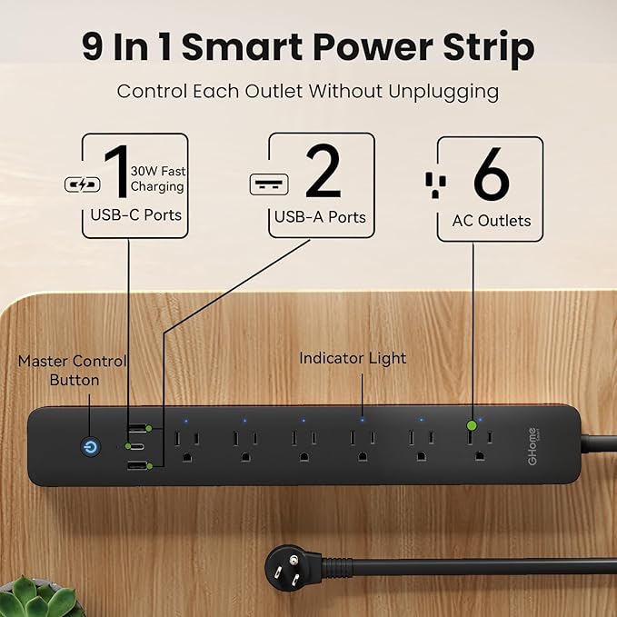 GHome Smart Power Strip 15A, 2.4G WiFi Smart plugs that work with Alexa & Google Home, Surge Protector Flat Plug with 6 APP Control WiFi outlets, FCC Listed, 7.18 Ft flat Extension Cord, No Hub Needed