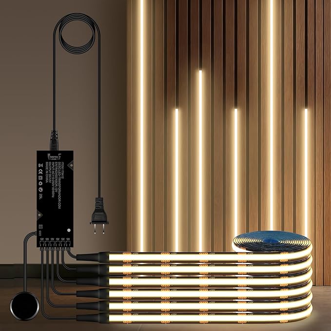 Touch Dimmable LED Under Cabinet Lighting,6PCS 12V Black COB Strip Lights,3.3Ft Self-Adhesive LED Recessed Lighting Kit 4000k with 36W Adapter for Wood Slat Wall Panels, Headboards, Cabinet,Shelves