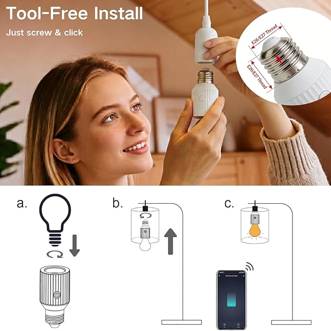 LoraTap Smart Wi-Fi Light Bulb Socket Adapter, Voice for Alexa/Google, Smart Life App Group & Timer, 60W Max, Incandescent Compatible, E26/E27, 2 Pack