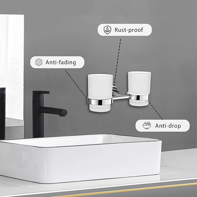 Double Toothbrush Holder, Wall Mounted Glass Tumbler Holder with Frosted Glass, Toothpaste Organizer for Bathroom