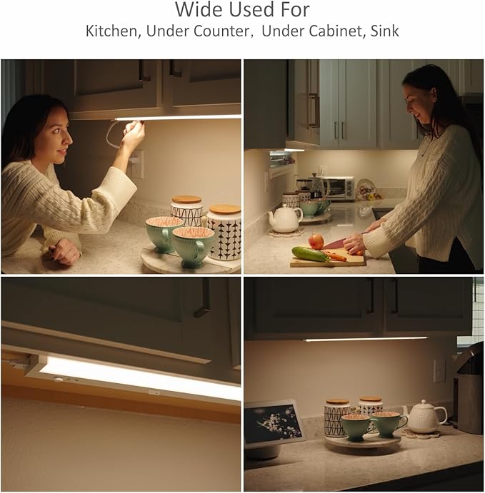 Leetdud Under Cabinet Lighting Motion Sensor Hardwired, 24 Inch 12W Dimmable, 5 CCT 2700/3000/3500/4000/5000K, Eyes Care Design Linkable Under Counter Lights for Kitchen, Sink, ETL Listed, White