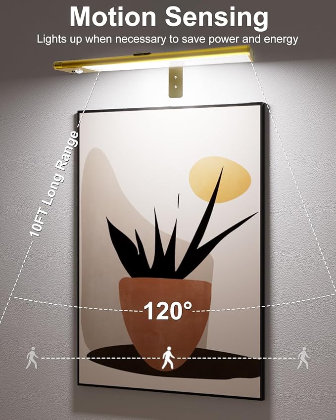12" Picture Lights for Wall, Motion Sensor Rechargable Picture Light , Magnetic LED Art Painting Light with Timer, Remote & Dimmable Wall Lighting for Gallery, Paintings, Portraits, Bedroom (Gold)