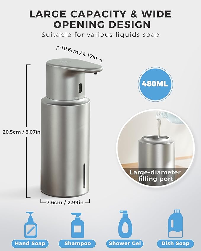 Automatic Liquid Soap Dispenser Touchless, 304 Stainless Steel Bottle Body &16.2oz/480ml Rechargeable, 3 Adjustable Liquid Levels, IPX7 Waterproof, for Kitchen Bathroom, Stainless Steel