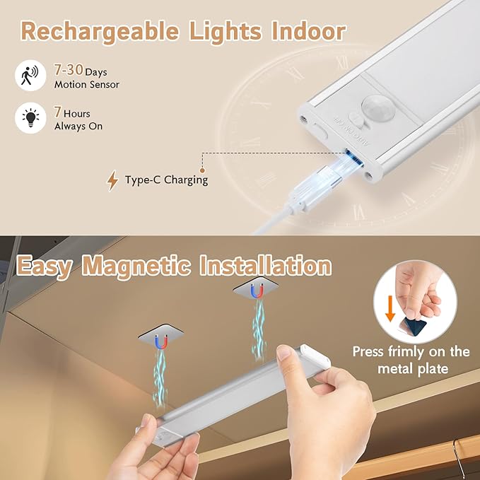 Under Cabinet Lighting Wireless, 4Pack Motion Sensor Light Indoor with 3 Color Temps, Dimmable Closet Lights Battery Operated, LED Magnetic Light, Rechargeable Under Counter Lights for Kitchen Home