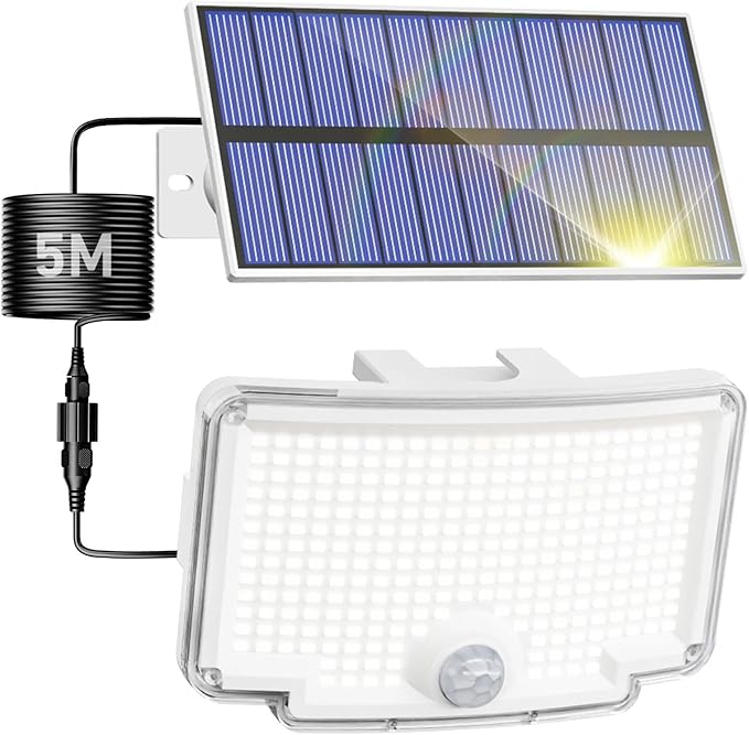 Peasur 1 Pack Solar Motion Lights Outdoor, 318 LED Solar Security Light with 3 Modes, IP65 Waterproof Powered Flood Lights for Outside Garage Yard, (Cool Light, White Frame)