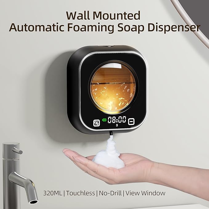 Automatic Foaming Soap Dispenser, Wall Mounted Soap Dispenser, 320ML Electric Smart Touchless Rechargeable, 5 Adjustable Foam Levels, No-Drill Waterproof for Bathroom, Kitchen, Office (Black)