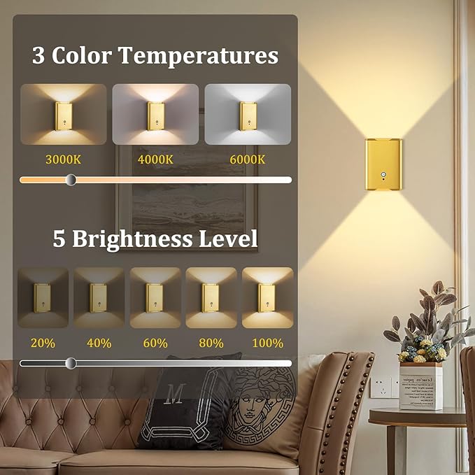 Battery Operated Wall Sconce Set of 2: 5000mAh Rechargeable Motion Sensor Night Light Indoor, 3CCT Dimmable Wireless Wall Lights Magnetic LED Up and Down Wall Lamp for Bedroom Closet Stair, Gold