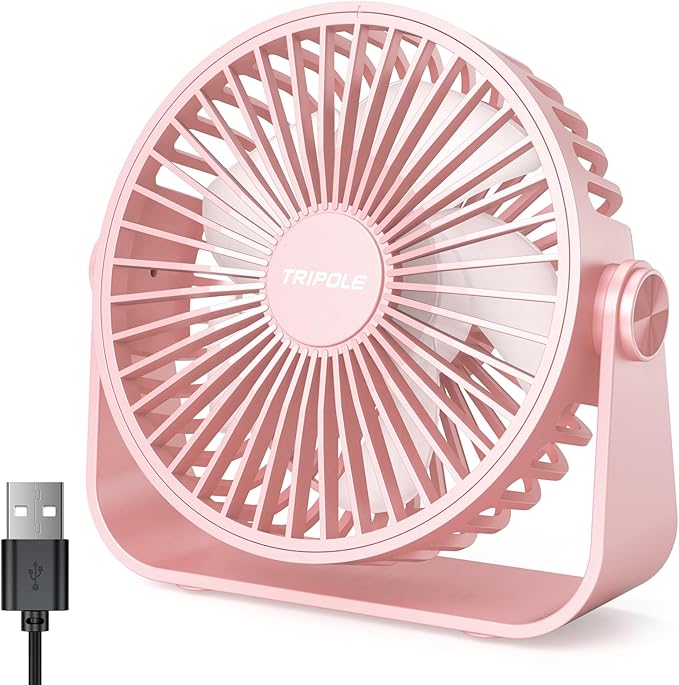 TriPole USB Desk Fan Portable Mini Fan Powerful 3 Speeds Wind Personal Desktop Fan with 360° Head Rotation for Home Office Car Indoor Outdoor Pink, No Battery, 4.5 Inches