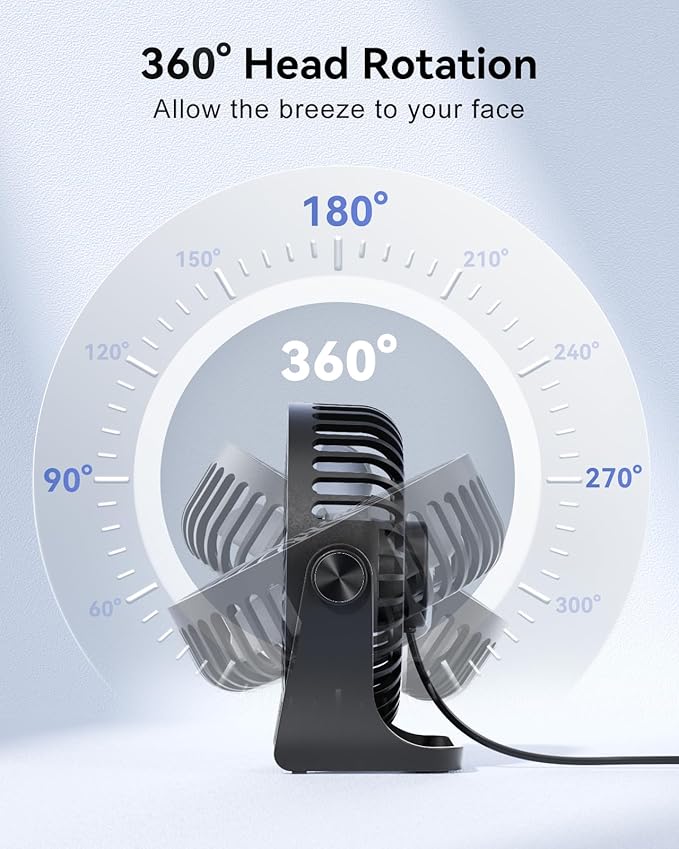 Edvision USB Desk Fan, 5 Inch Small Portable, 3 Speeds Powerful Wind Mini Personal Desktop Fan 360° Rotation Adjustable, Plug In USB Fan Quiet for Table Home Office Travel Car(Black)