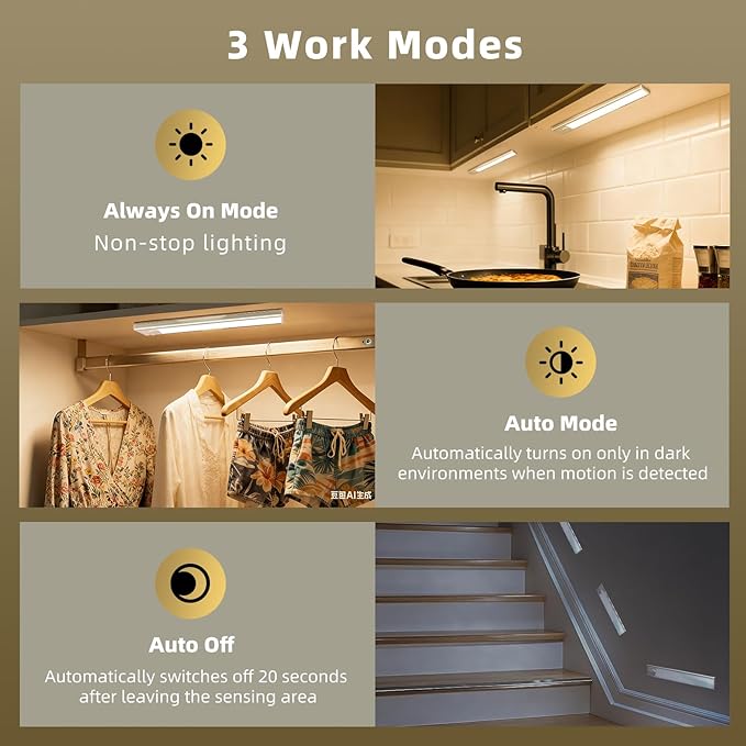 12inch Under Cabinet Lighting, 4 Pack Rechargeable Motion Sensor Light Indoor, Wireless Dimmable Magnetic Closet Lights, 50 LED Under Counter Lights for Kitchen, Wardrobe, Stairs, Warm Light