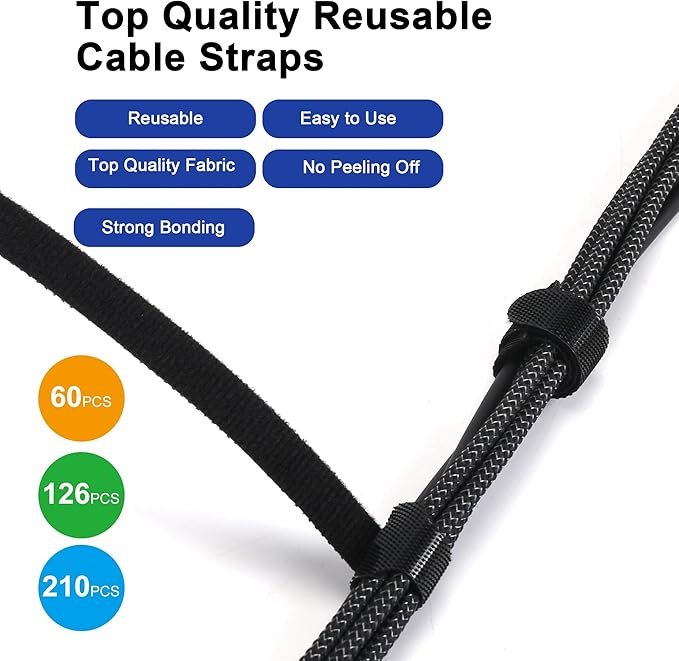 Nettbe Reusable Cable Ties, 210 PCS 6 Inches Adjustable Cord Straps Wire Organizer Cord Wrap and Hook Loop Cable Management