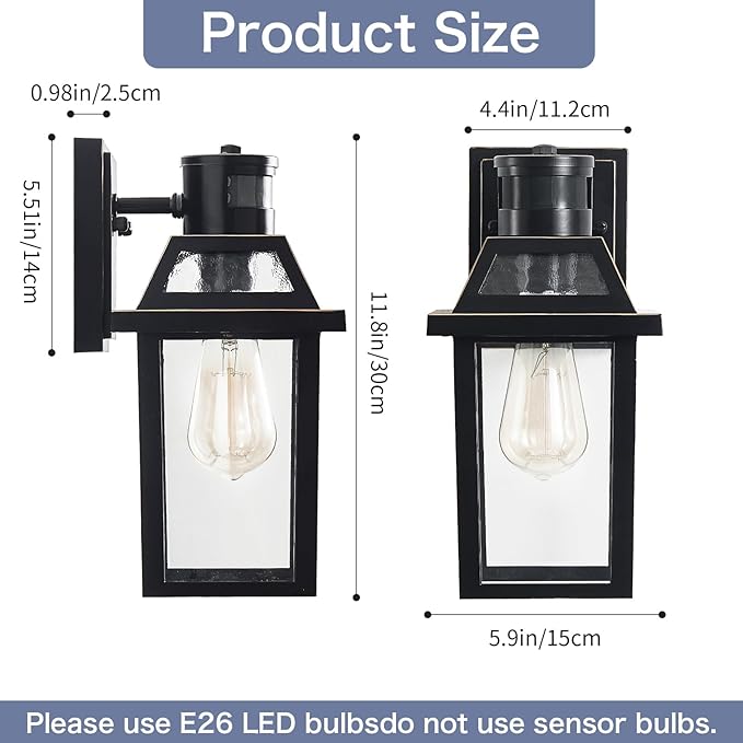 Yisuro Motion Sensor Outdoor Wall Lights, Porch Light Outdoor 3 Lighting Modes, Dusk to Dawn Exterior Light Fixture, Waterproof, Outside Lights for House Front Door Patio Garage 2 Pack (Black)