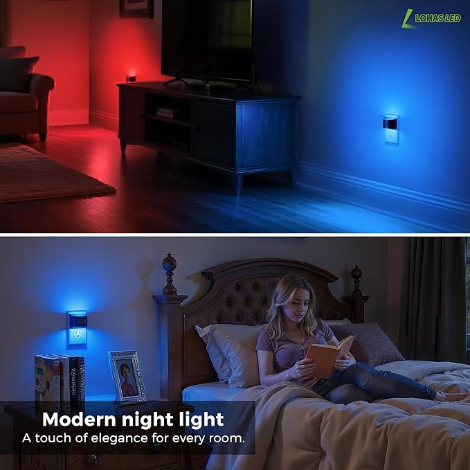 L LOHAS LED Night Light with Motion Sensor & Dusk to Dawn Sensor, Night Lights Plug into Wall with 30-100lm Adjustable Brightness, Dimmable Night Light for Bathroom Hallway, Blue, 4 Pack