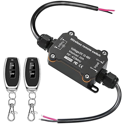 DC 12V 24V 48V Wireless Remote Control Switch,433MHz RF Relay Switch 20A Heavy Duty,IP67 Waterproof Receiver,164Ft Long Range Control for RV,Marine,Solar,Water Pump,Lights, Fans