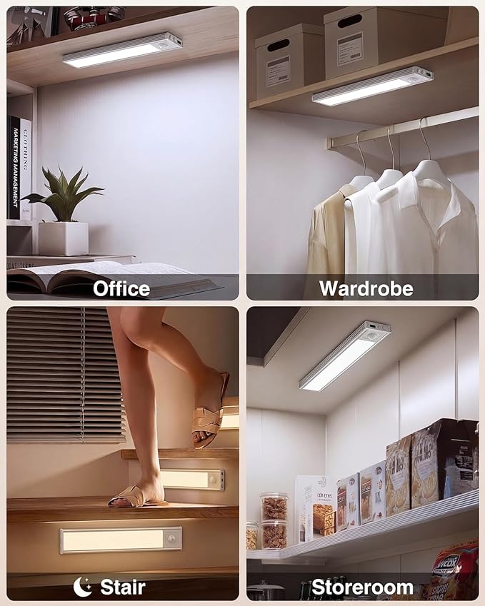 Abovizo 2 Pack Under Cabinet Lighting, 3 Color Temps, Battery Operated Motion Sensor Light Indoor, Dimmable Under Counter Lights for Kitchen Stairs Closet Pantry
