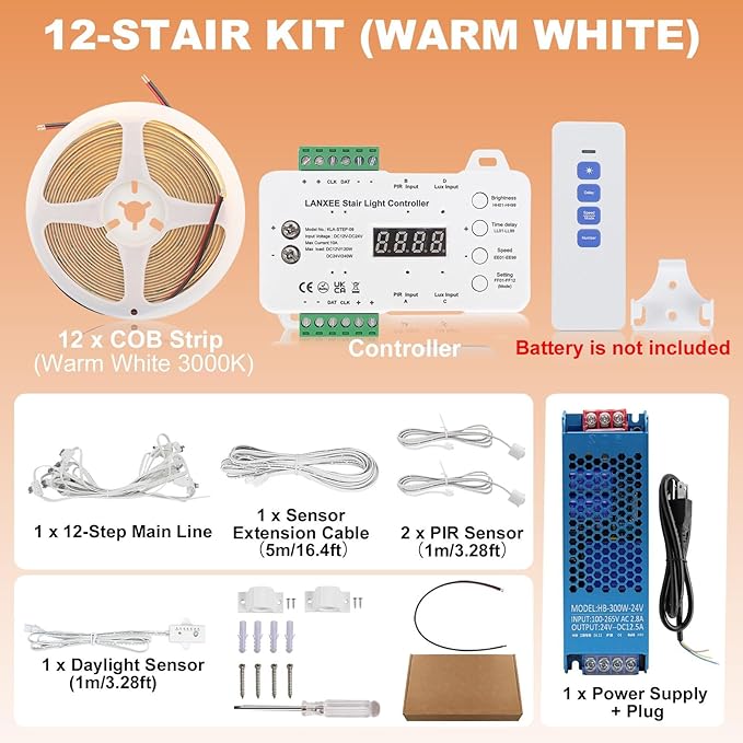 Smart Motion Sensor Stair Light for Indoor, No Wiring Required 40 inches Long COB LED Stair Lights Indoor with Remote Controller (Warm White 3000K,12 Stairs)