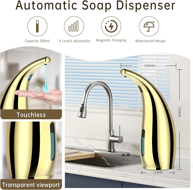 Automatic Soap Dispenser Touchless,300ML Hand & Dish Countertop Electric Liquid Rechargeable Dispenser with Sensor,Modern 4 Gear Adjustable Waterproof Kitchen Auto Soap Pump（Gold）