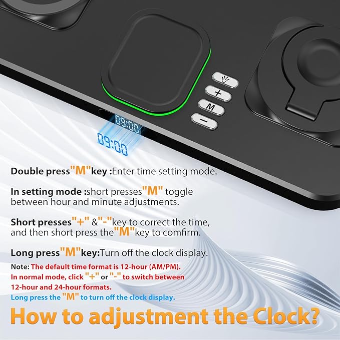30W Charging Station for Apple Products, Foldable Wireless Charger with Clock Display&7 Color Light, Wired Charging for iPad/Tablet Charging Station for iPhone17, for Apple Watch11 for AirPods4(Black