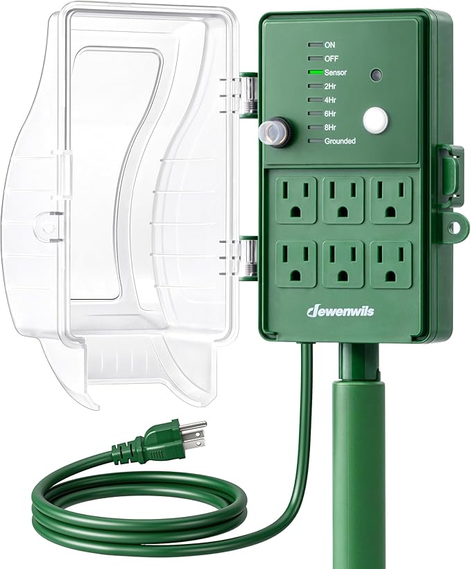 DEWENWILS Outdoor Power Stake Timer, Waterproof Dusk to Dawn Timer with 6 Grounded Outlets, 6FT Extension Cord, 1800W/15A Heavy Duty Outlet for Lights, Yard, Garden, ETL Listed