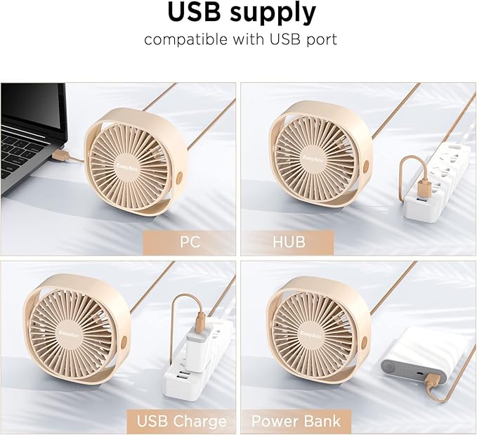 EasyAcc USB Small Desk Fan, Slumber Pod Fan [360°Rotatable &Powerful] 3 Speeds Portable Personal Table Travel Fan for Desk Cruise Ship Dorm Bedroom Office (No Battery)