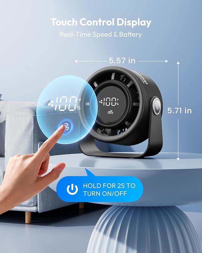 Gaiatop Small Desk Fan Rechargeable, Quiet Personal Table Fan, Touch Control Display, 360° Tilt, 5-Speed Strong Wind, 4000mAh Battery, Small Fans for Bedroom Dorm Office, Gifts for Women Men, Black