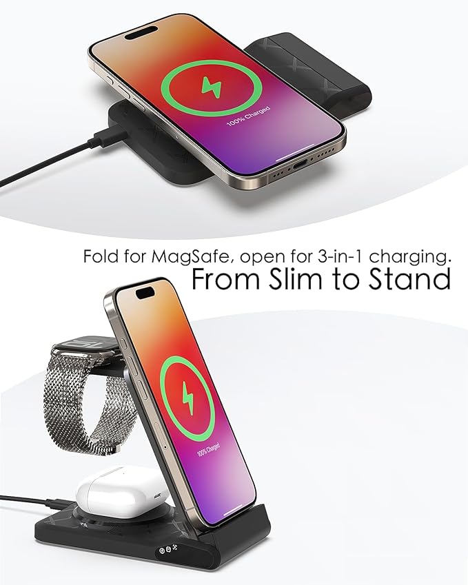 3 in 1 Charging Station for Multiple Devices,Travel Wireless Charging Station, Foldable Charger for iPhone 17 Air 16 15 14 13 12 Series,& Android Phone,& iWatch (USB-C Adapter Included)