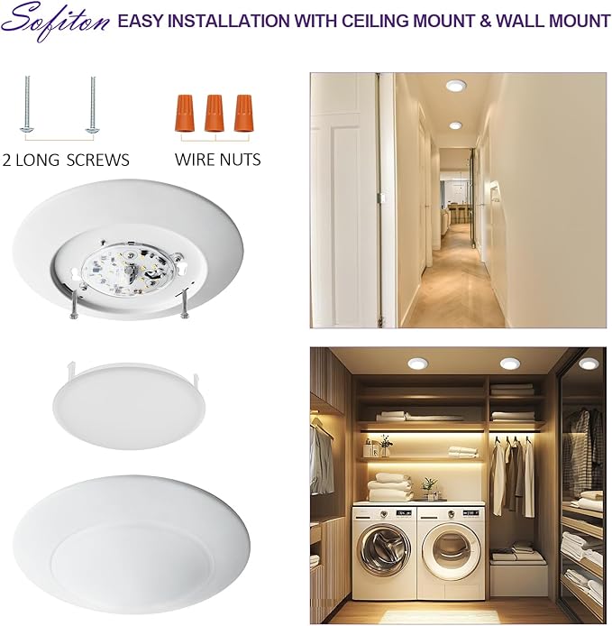 LED Disk Lights 6 Inch, 15W Surface Mount LED Ceiling Light 1050LM, 3000K, 120V, Dimmable, CRI90+, Flush Mount Disc for Kitchen, Closets, Bathroom, ETL Listed, 1Pack