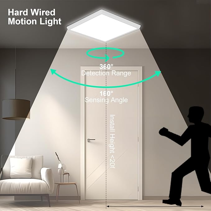 Motion Sensor Ceiling Light Wired, 12 Inch 5000K LED Flush Mount Ceiling Light Fixture, 2400LM Radar Motion Activated Flush Mount Wired Light Fixture for Walk-in Closet, Laundry, Porch