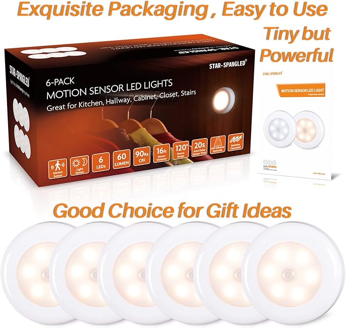 STAR-SPANGLED 6 Pack 2.8” Motion Sensor Lights Indoor AAA Battery Operated, Stick on LED Puck Light for Stairs, Under Cabinet, Closet, Warm White